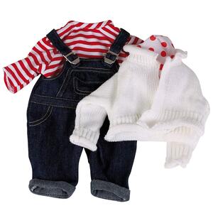 Götz dukketøj , blå overals bukser, rød/hvid stribet bluse, hvid trøje og tørklæde - 30-33  cm.