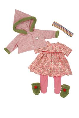 Schildkröt dukketøj i 4 dele - pink hættetrøje, mønstret kjole + 45 cm.