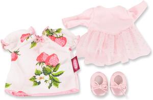 Götz dukketøj - kjole med jordbærmotiv, lysrosa kjole med sølv pynt, små bløde sko, 27 cm.
