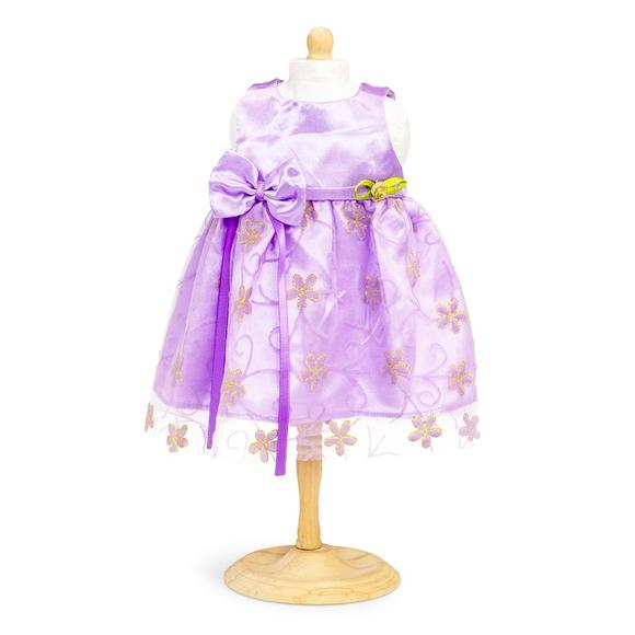 Mini Mommy tøj. Smuk lilla satin  festkjole med guldpynt  - 42-46 cm.