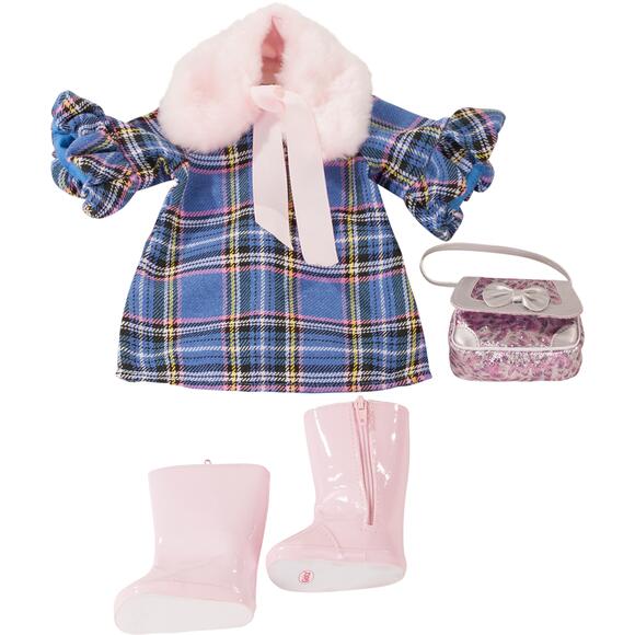 Götz dukketøj - blå ternet kjole, pelskrave, pink  støvler og taske - 45-50 cm.