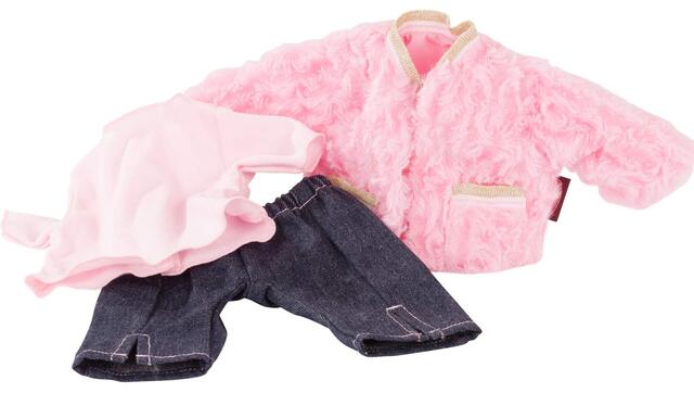 Götz dukketøj i 3 dele.  blå bukser, pink bluse og  pelsjakke med guldpynt, 30-33 cm.