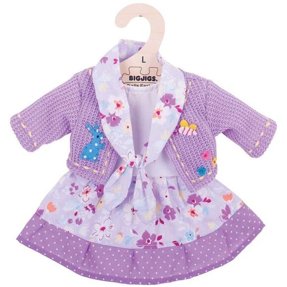 BigJigs dukketøj - Lilla  blomstret kjole,  lilla kant , lilla striktrøje med mønster - Medium