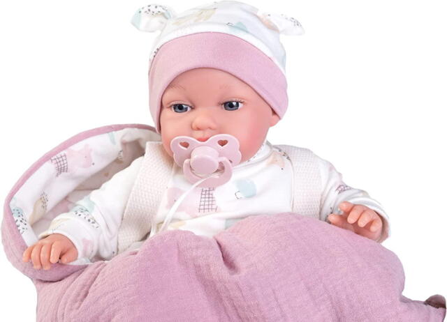 Antonio Juan dukke, Baby Toneta med sovepose og sut, pink og hvidt tøj, + 2 år - 34 cm.