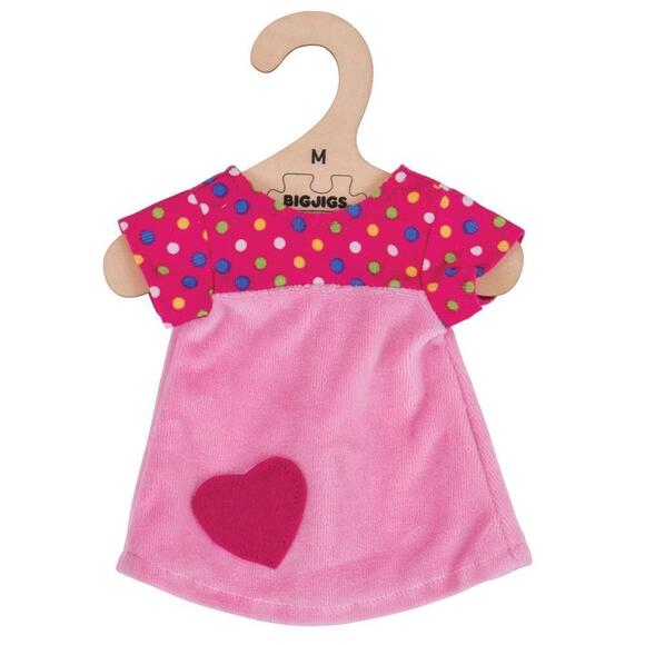 BigJigs dukketøj Sød velourkjole i pink med mønster og hjerte Medium - Small