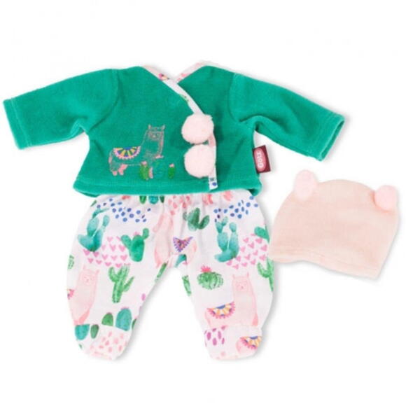 Götz dukketøj - Smuk  grøn trøje, mønstrede bukser og rosa hue  + 30 -33 cm.