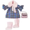 Götz dukketøj - blå ternet kjole, pelskrave, pink  støvler og taske - 45-50 cm.