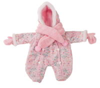 Götz dukketøj - Blomstret helårs dragt med hætte, rosa og hvid - halstørrklæde og vanter +3 år - 42-46 cm.